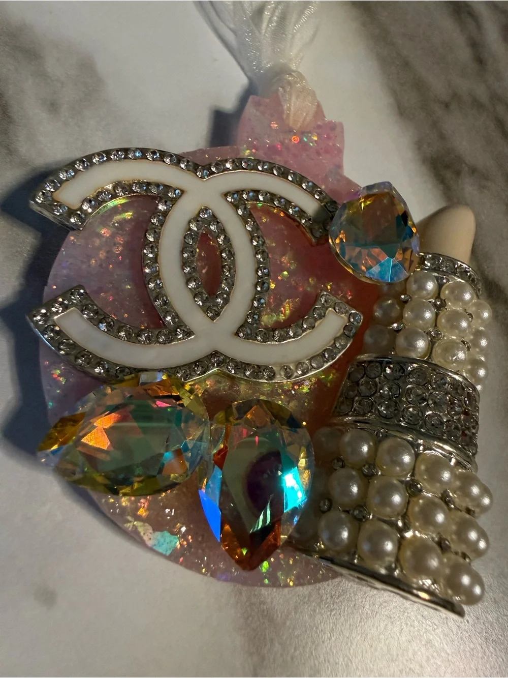 Ornament Rhinestone Pearl Crystal Gem Decor Handmade Pink Glam Hanging Decor